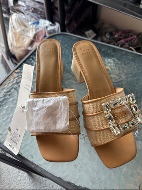 NWT Tan Woven Buckle Slide Sandals